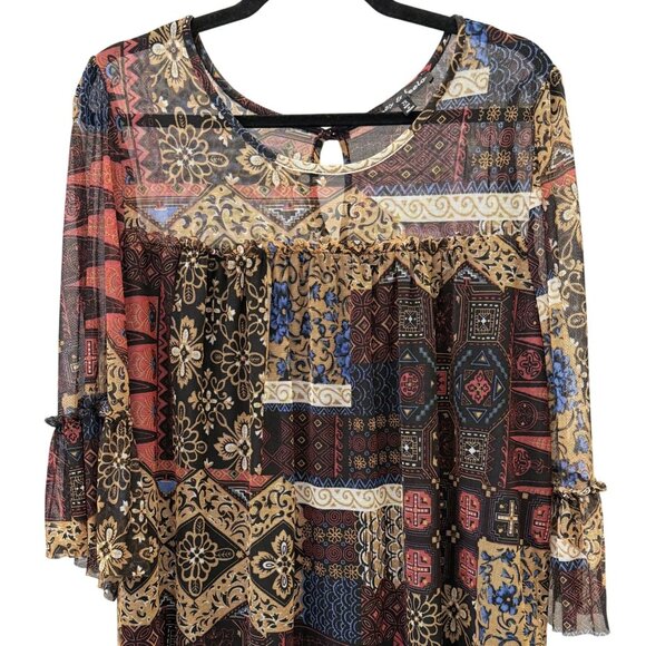 Zoey & Leelo Womens 2X Boho Patchwork Print Sheer Overlay Blouse Lightweight - Picture 2 of 6